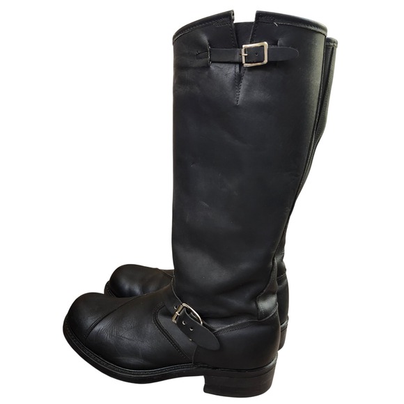 Tall Black Leather Moto Engineer Boots Mens Size 10 D Vibram Soles Buckle Straps - Picture 4 of 13